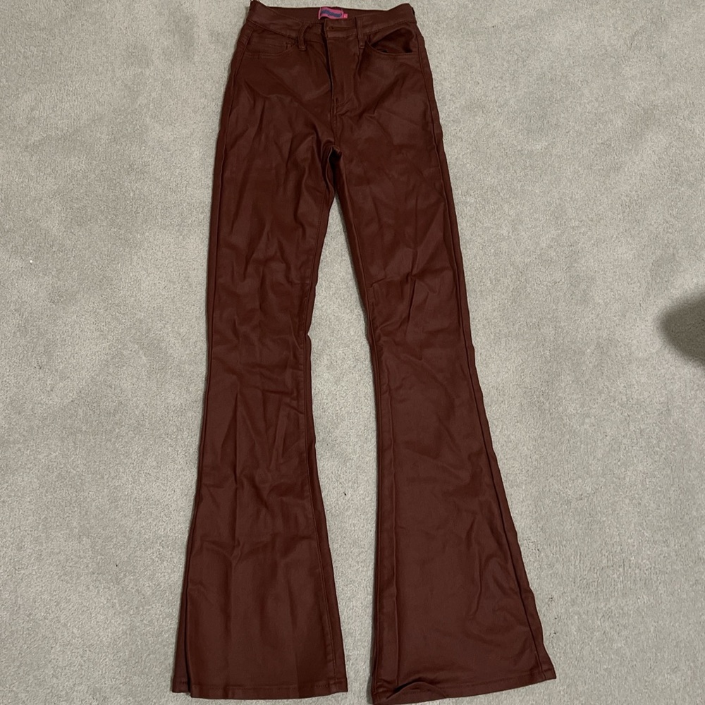 EDIKTED FLARE LEATHER PANTS IN BROWN SIZE SMALL